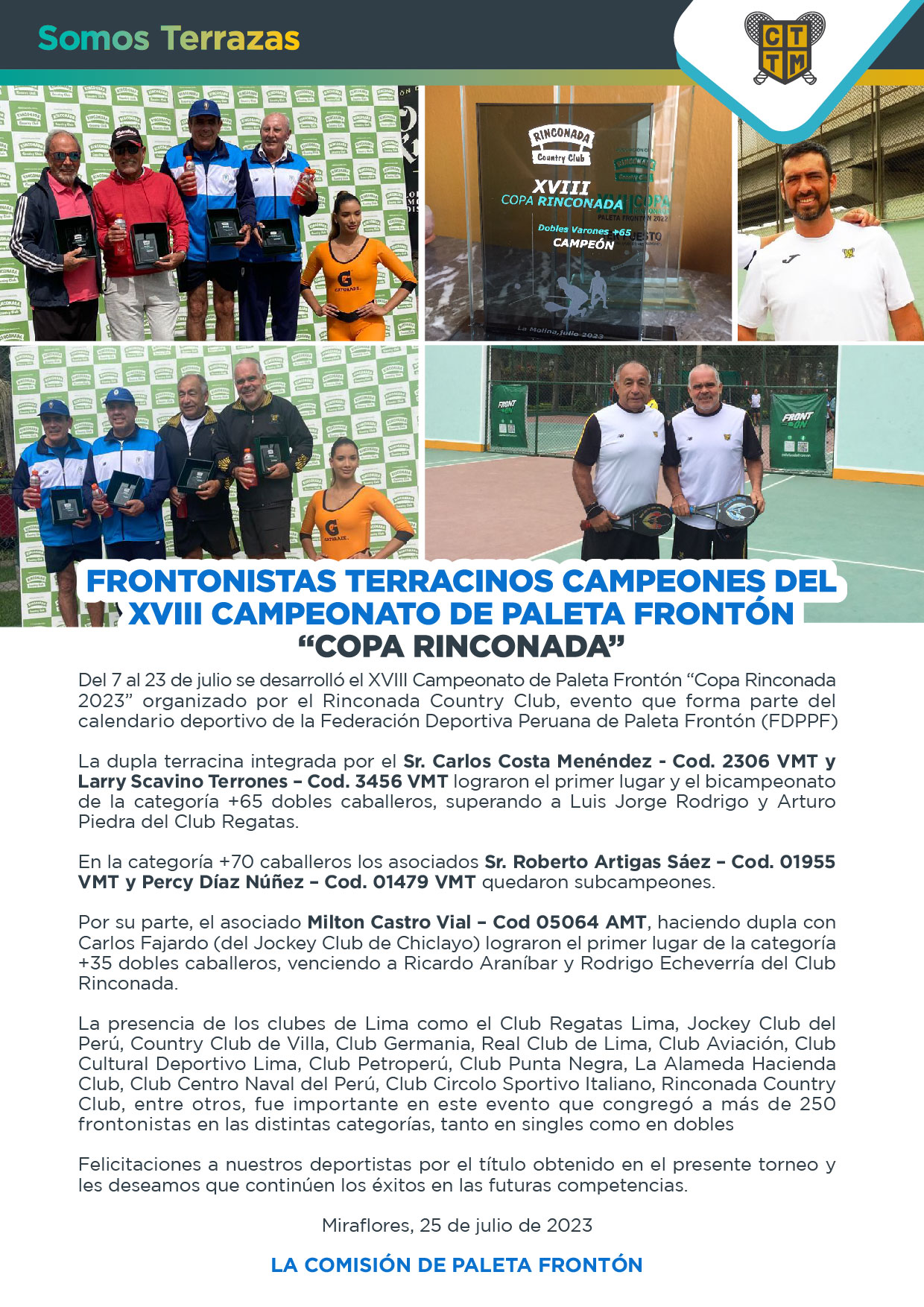 FRONTONISTAS TERRACINOS CAMPEONES DEL XVIII CAMPEONATO DE PALETA FRONTÓN “COPA RINCONADA”