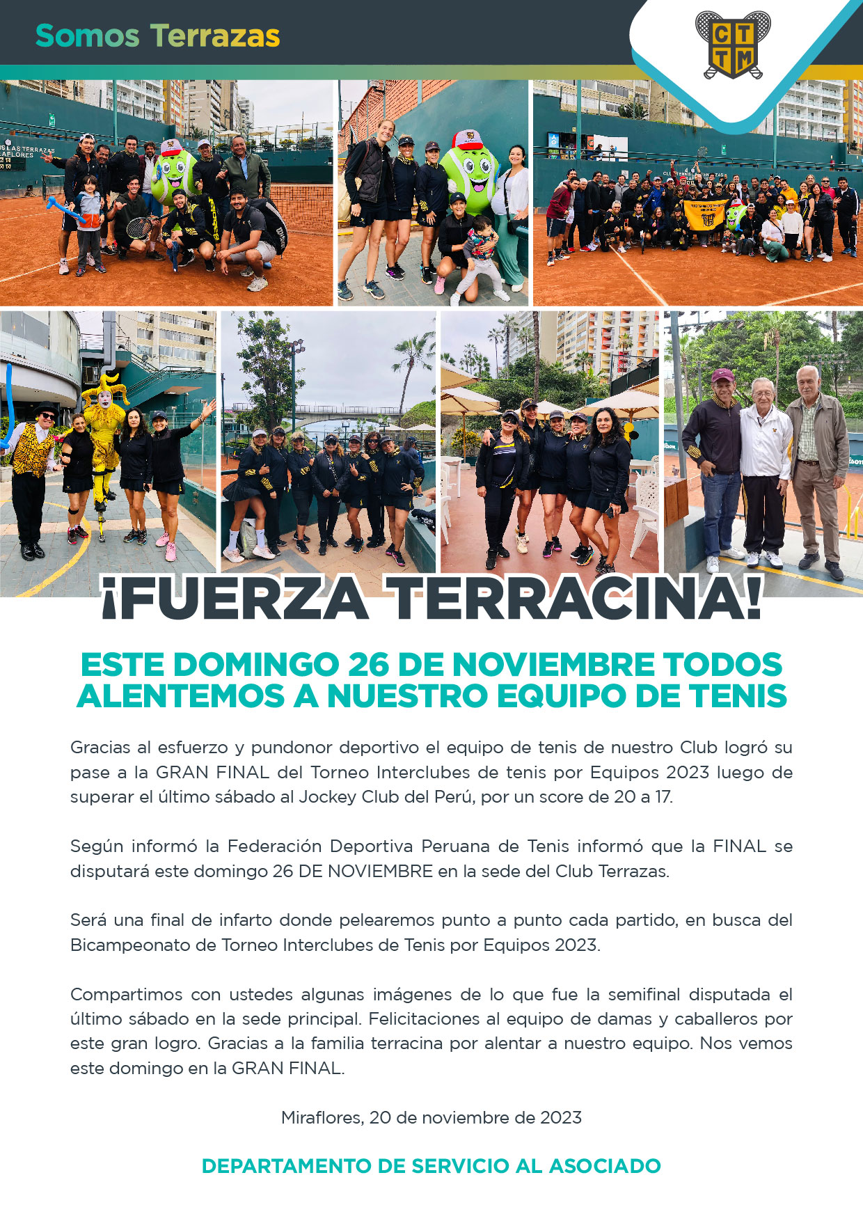  ¡FUERZA TERRACINA! ESTE DOMINGO 26 DE NOVIEMBRE TODOS ALENTEMOS A NUESTRO EQUIPO DE TENIS