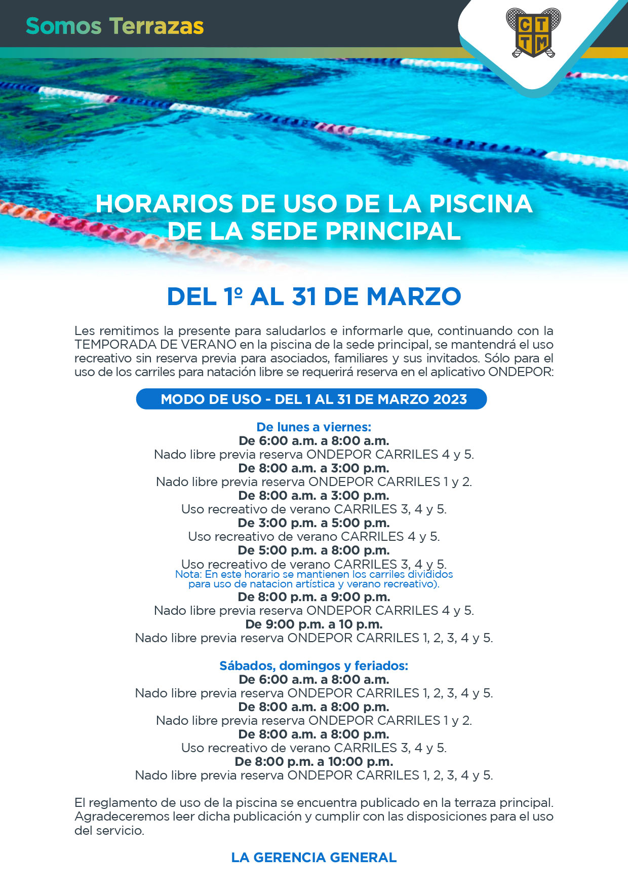 HORARIOS DE USO DE LA PISCINA DE LA SEDE PRINCIPAL