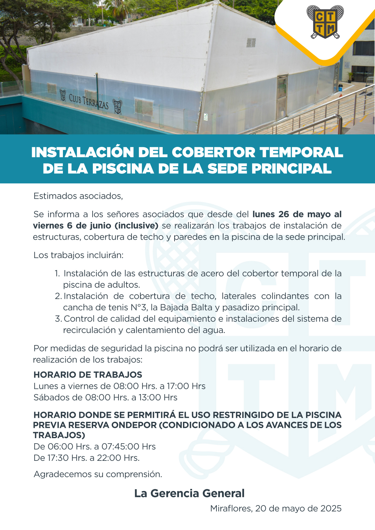 📢 INSTALACIÓN DEL COBERTOR TEMPORAL EN LA PISCINA DE LA SEDE PRINCIPAL 