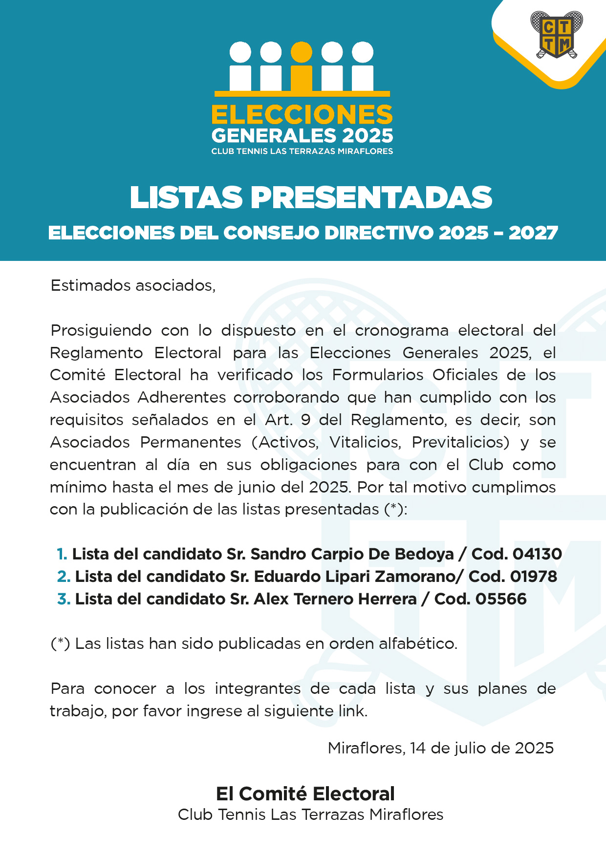 📋🗳️ LISTAS PRESENTADAS - ELECCIONES DEL CONSEJO DIRECTIVO 2025 - 2027