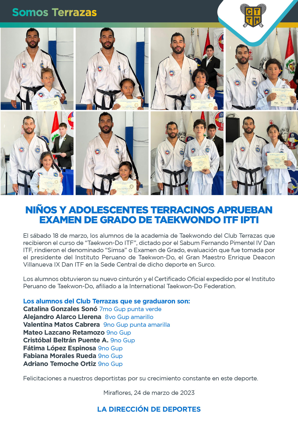 NIÑOS Y ADOLESCENTES TERRACINOS APRUEBAN EXAMEN DE GRADO DE TAEKWONDO ITF IPTI