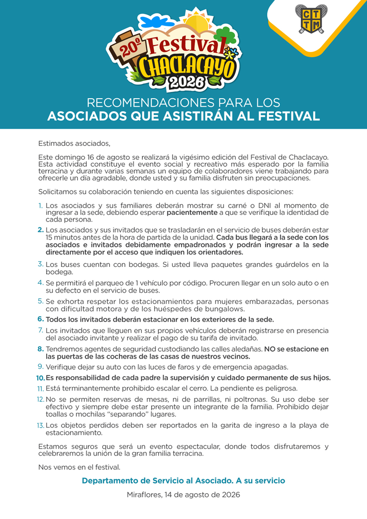 📌 FESTIVAL CHACLACAYO 2026 | RECOMENDACIONES IMPORTANTES PARA LOS ASOCIADOS