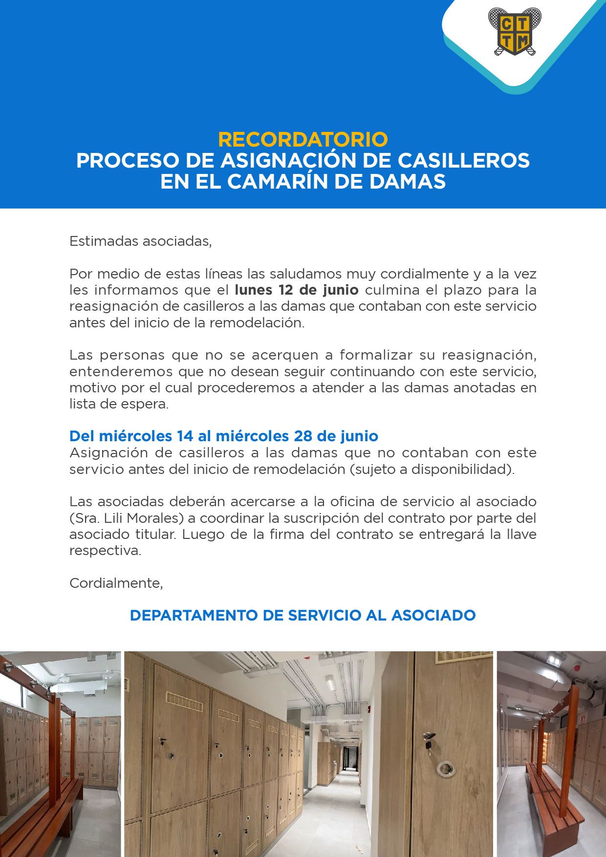 RECORDATORIO: PROCESO DE ASIGNACIÓN DE CASILLEROS EN EL CAMARÍN DE DAMAS