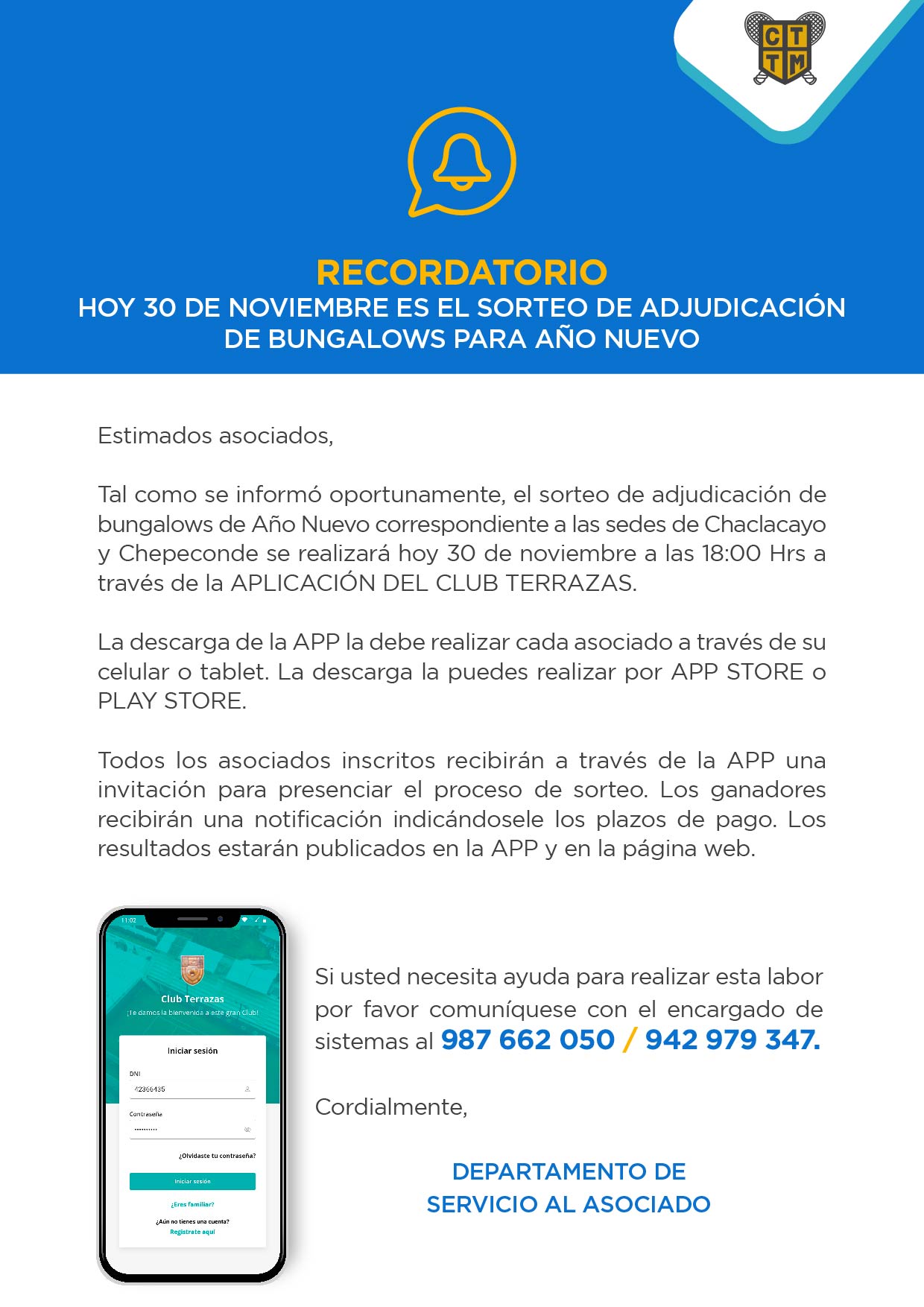 RECORDATORIO: HOY 30 DE NOVIEMBRE ES EL SORTEO DE ADJUDICACIÓN DE BUNGALOWS PARA AÑO NUEVO