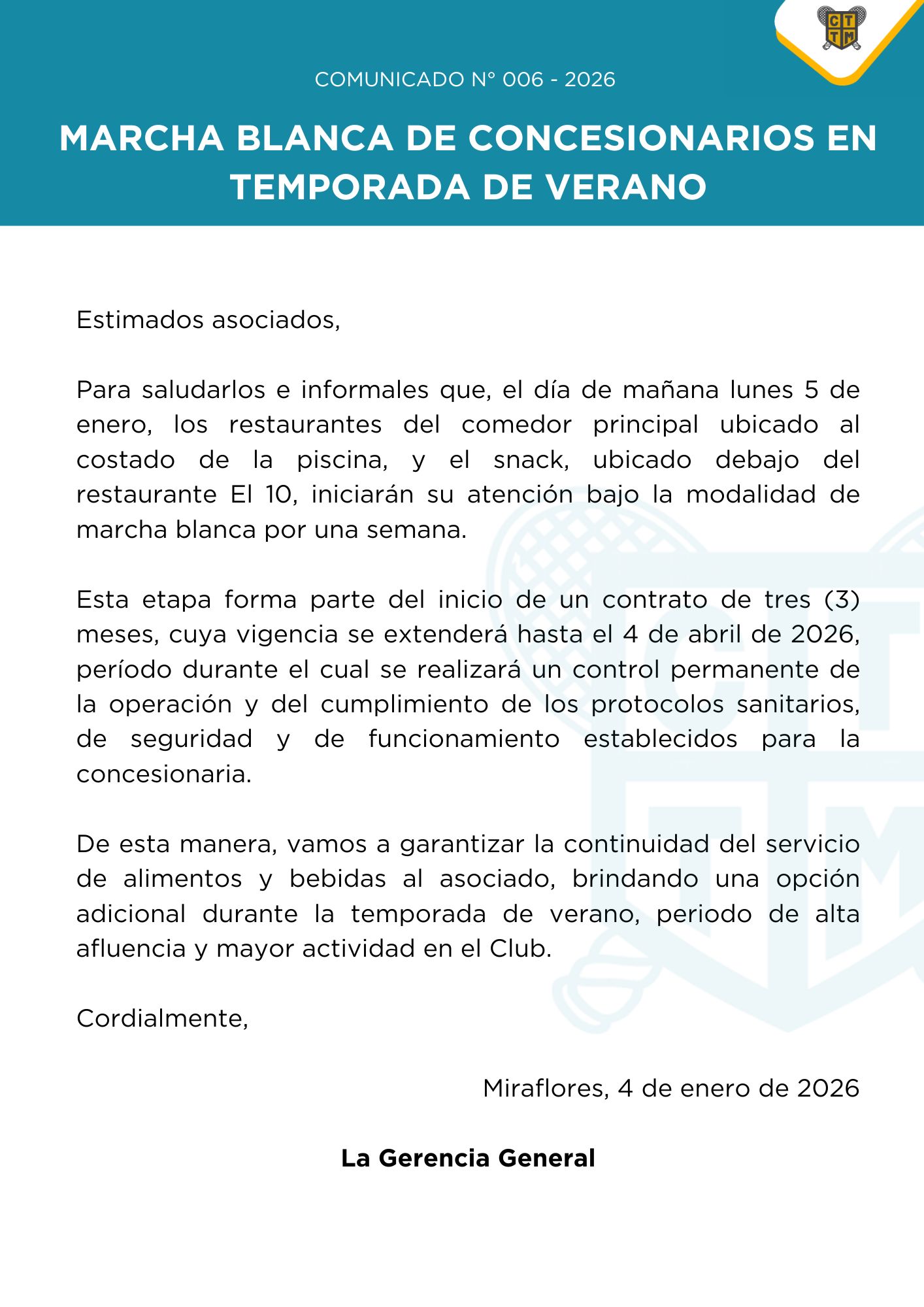 📣COMUNICADO N°006 - 2026 - MARCHA BLANCA DE CONCESIONARIOS EN TEMPORADA DE VERANO