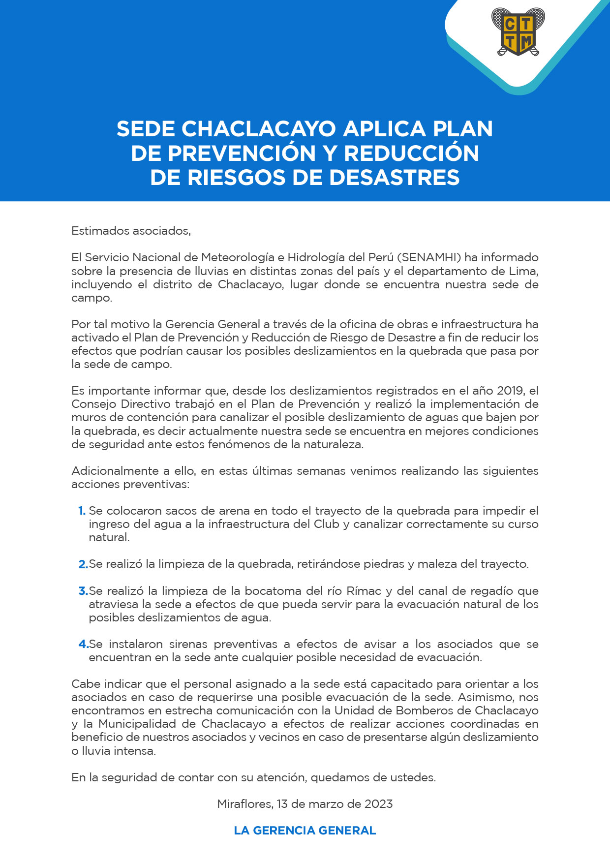 SEDE CHACLACAYO APLICA  PLAN DE PREVENCIÓN Y REDUCCIÓN DE RIESGOS DE DESASTRES