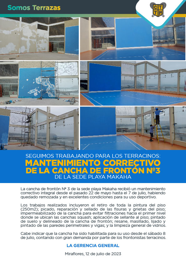 SEGUIMOS TRABAJANDO PARA LOS TERRACINOS: MANTENIMIENTO CORRECTIVO DE LA CANCHA DE FRONTÓN Nº3 DE LA SEDE PLAYA MAKAHA