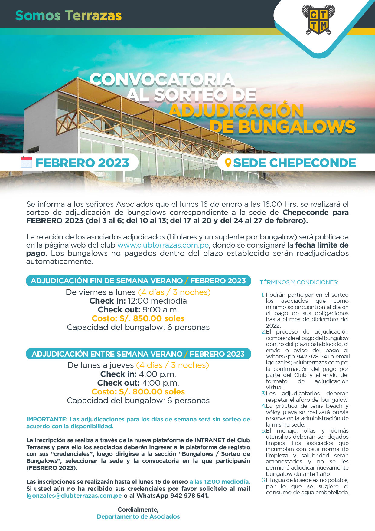 SORTEO DE ADJUDICACIÓN DE BUNGALOWS CHEPECONDE - FEBRERO 2023