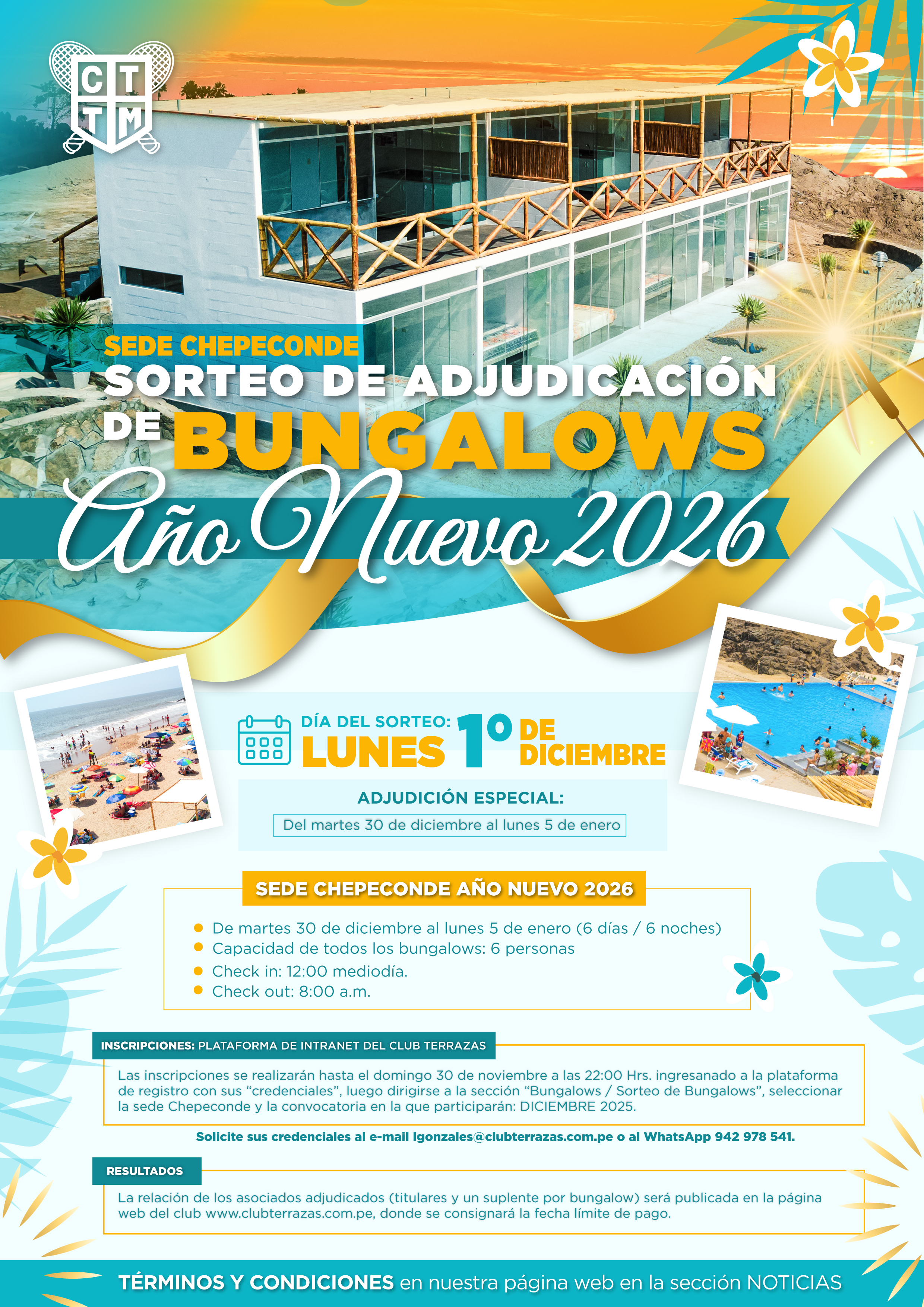 CONVOCATORIA AL SORTEO DE ADJUDICACIÓN DE BUNGALOWS – AÑO NUEVO 2026 – SEDE CHEPECONDE 🌊🏖️☀️
