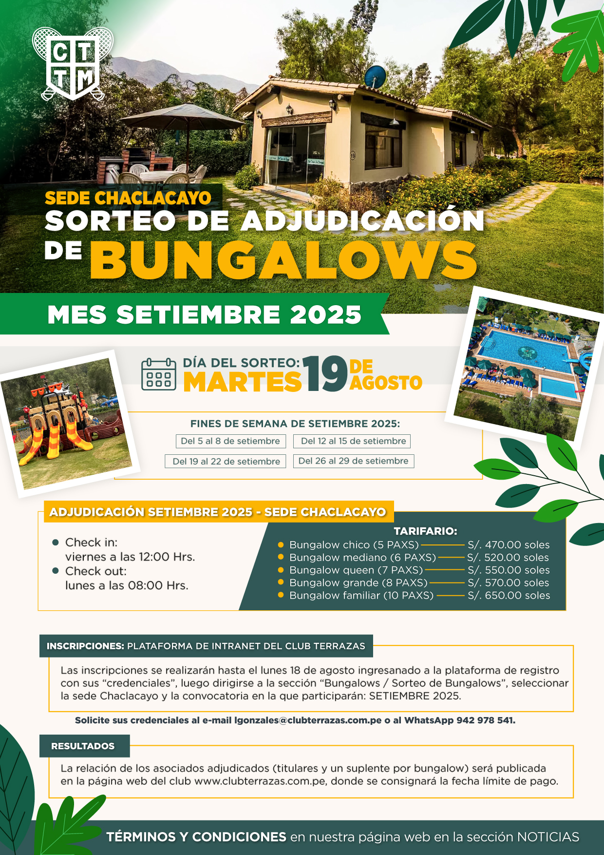 📢 CONVOCATORIA AL SORTEO DE ADJUDICACIÓN DE BUNGALOWS SEDE CHACLACAYO - SETIEMBRE 2025 🏞️🏡