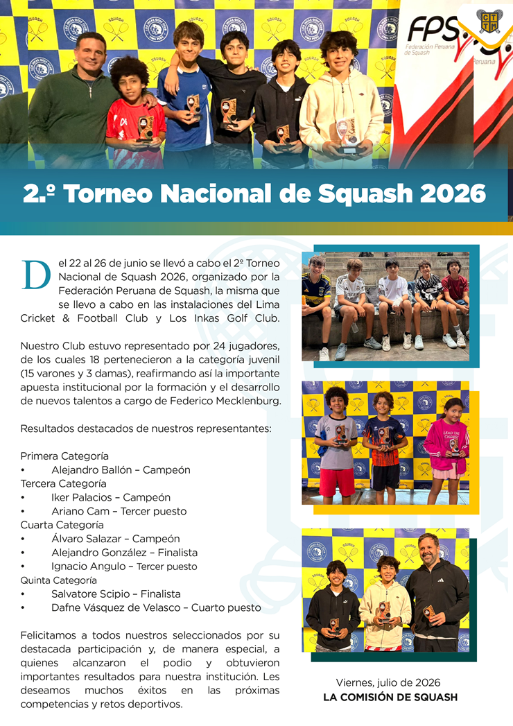 🏆🏸 ¡DESTACADA PARTICIPACIÓN EN EL 2.° TORNEO NACIONAL DE SQUASH 2026!