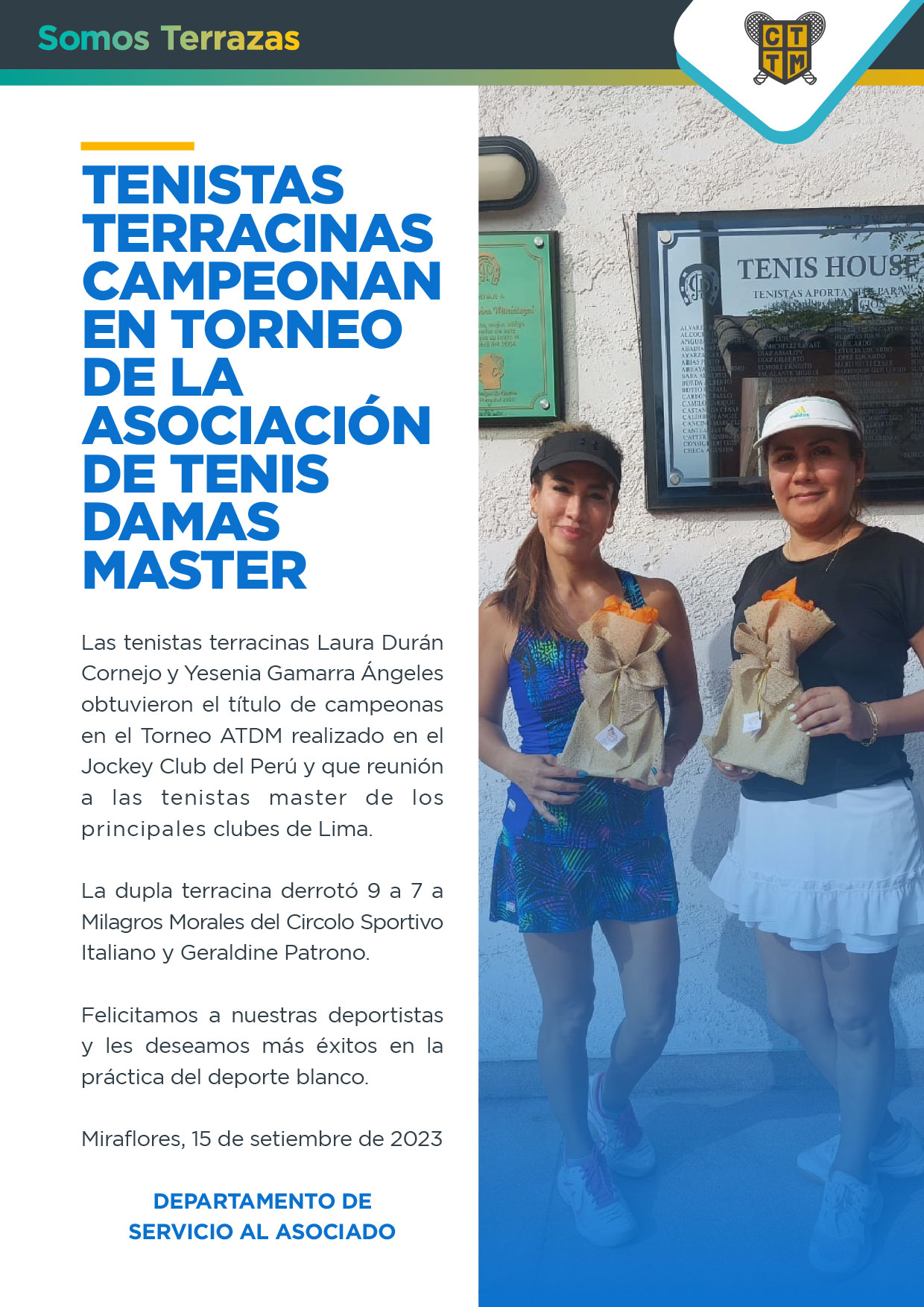 TENISTAS TERRACINAS CAMPEONAN EN TORNEO DE LA ASOCIACIÓN DE TENIS DAMAS MASTER