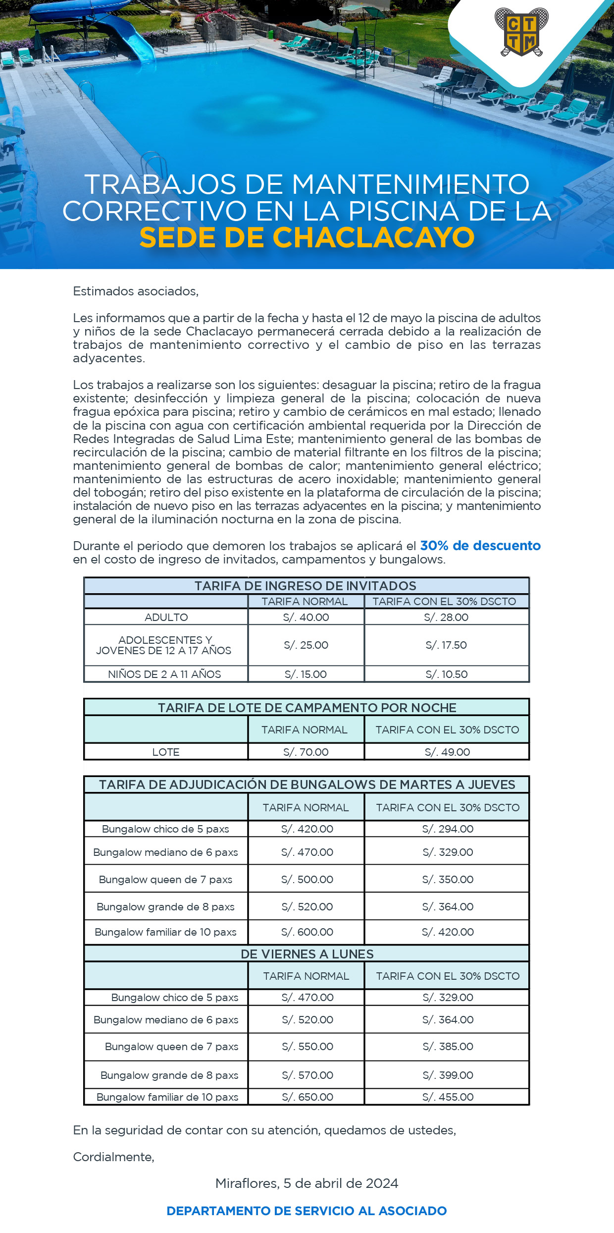 TRABAJOS DE MANTENIMIENTO CORRECTIVO EN LA PISCINA DE LA SEDE DE CHACLACAYO