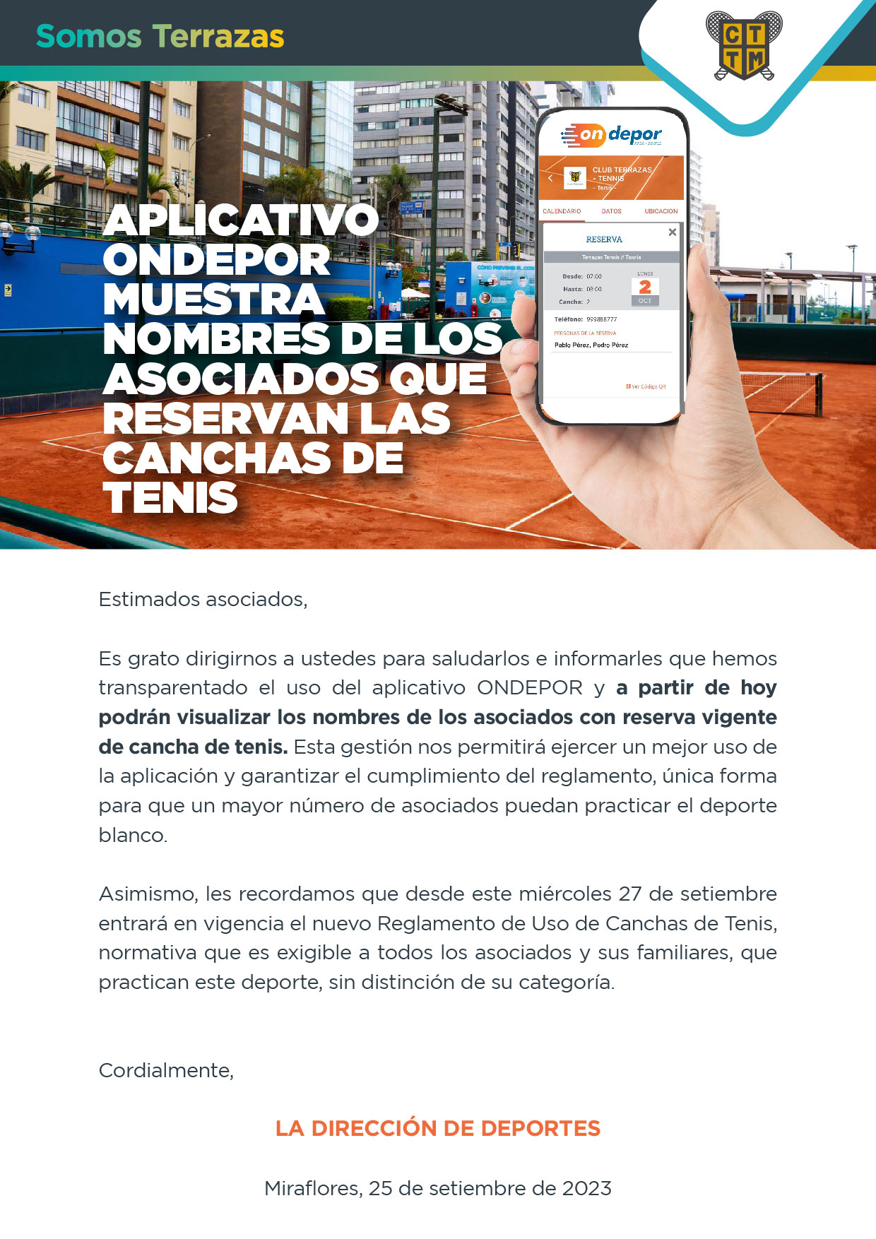 APLICATIVO ONDEPOR MUESTRA NOMBRES DE LOS ASOCIADOS QUE RESERVAN LAS CANCHAS DE TENIS