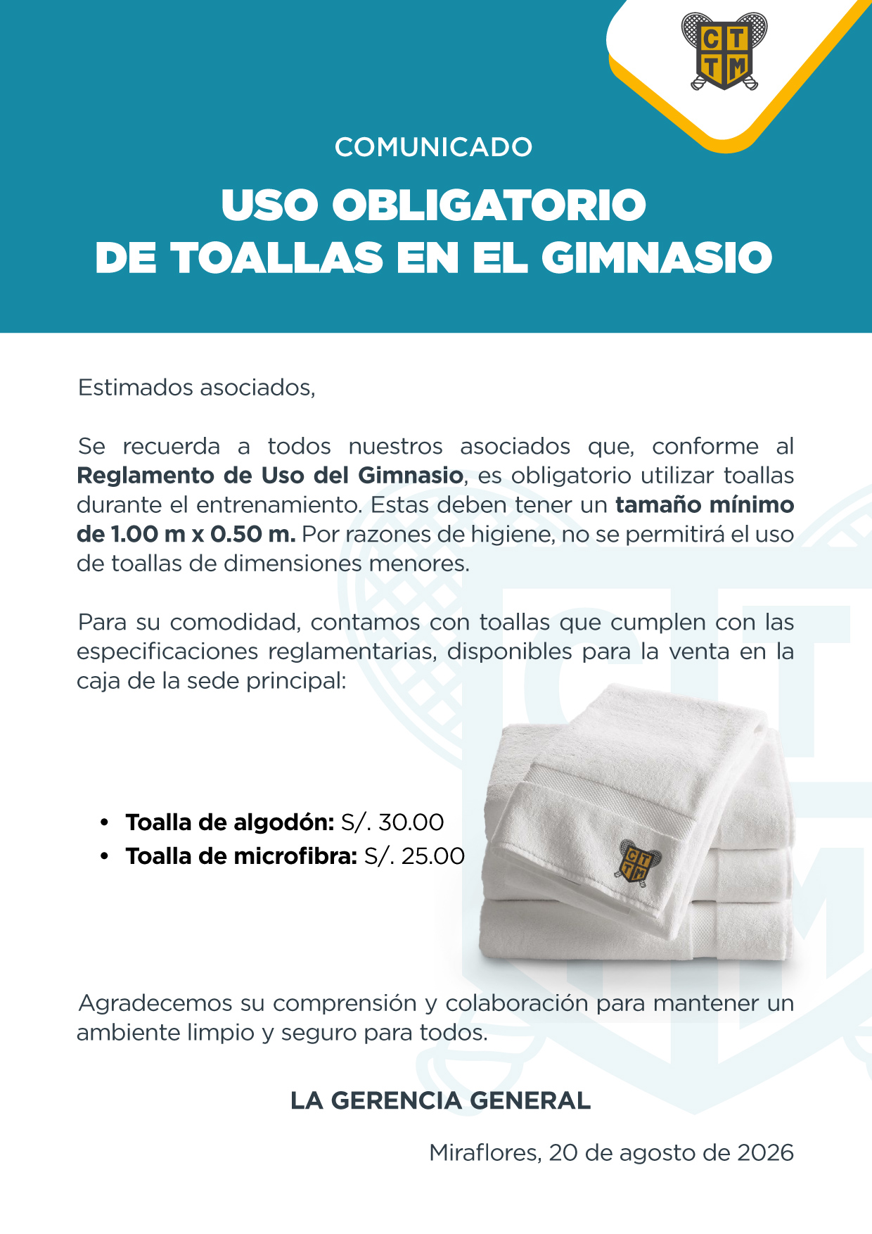 📣COMUNICADO: USO OBLIGATORIO DE TOALLAS EN EL GIMNASIO