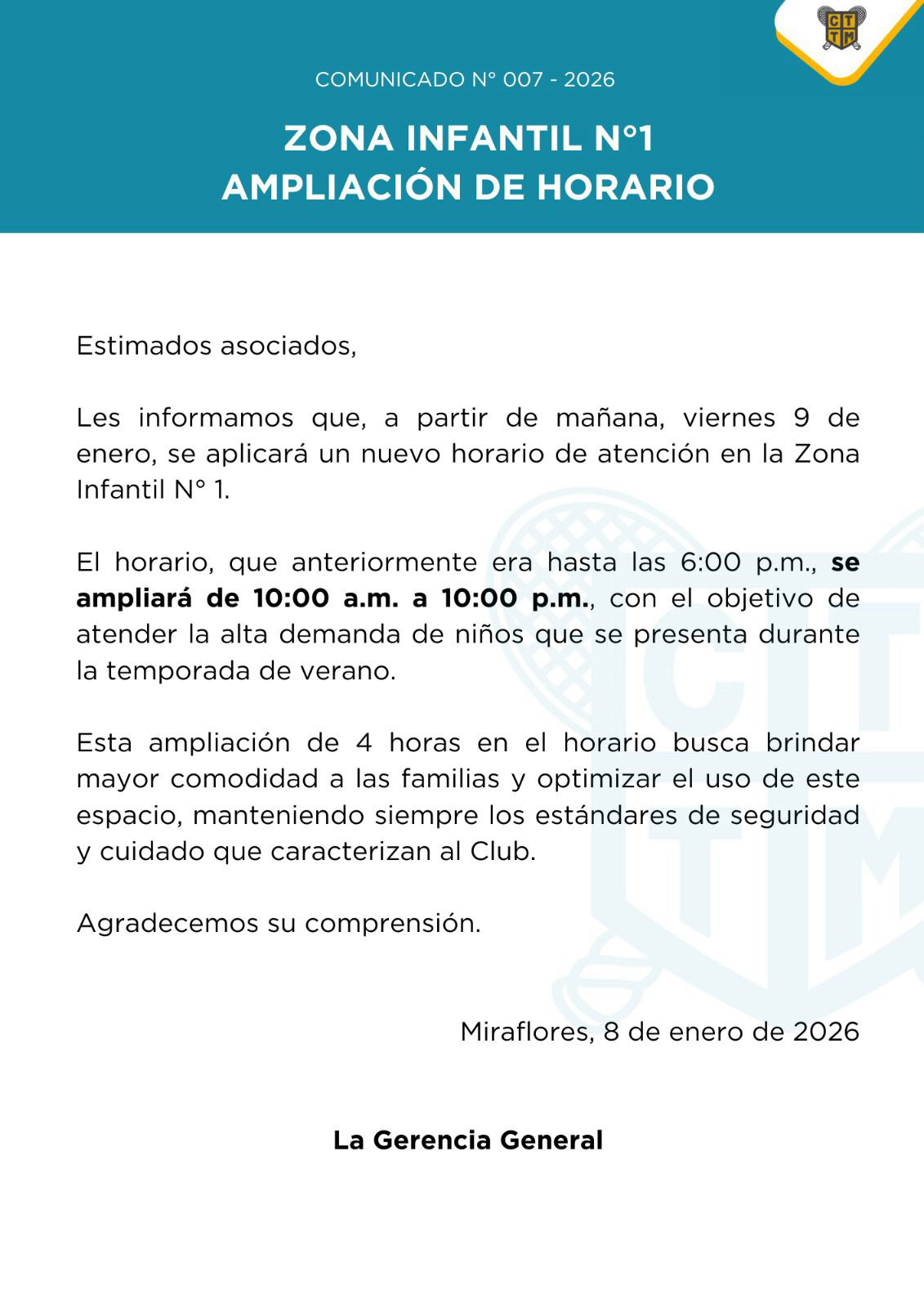 📣COMUNICADO N°007 - 2026 - ZONA INFANTIL N°1 AMPLIACIÓN DE HORARIO